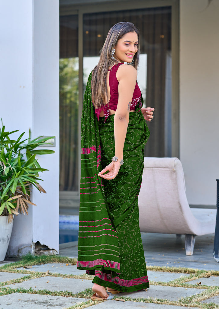AJRAKH FANCY HAND BLOCK MULMUL COTTON GREEN SAREE