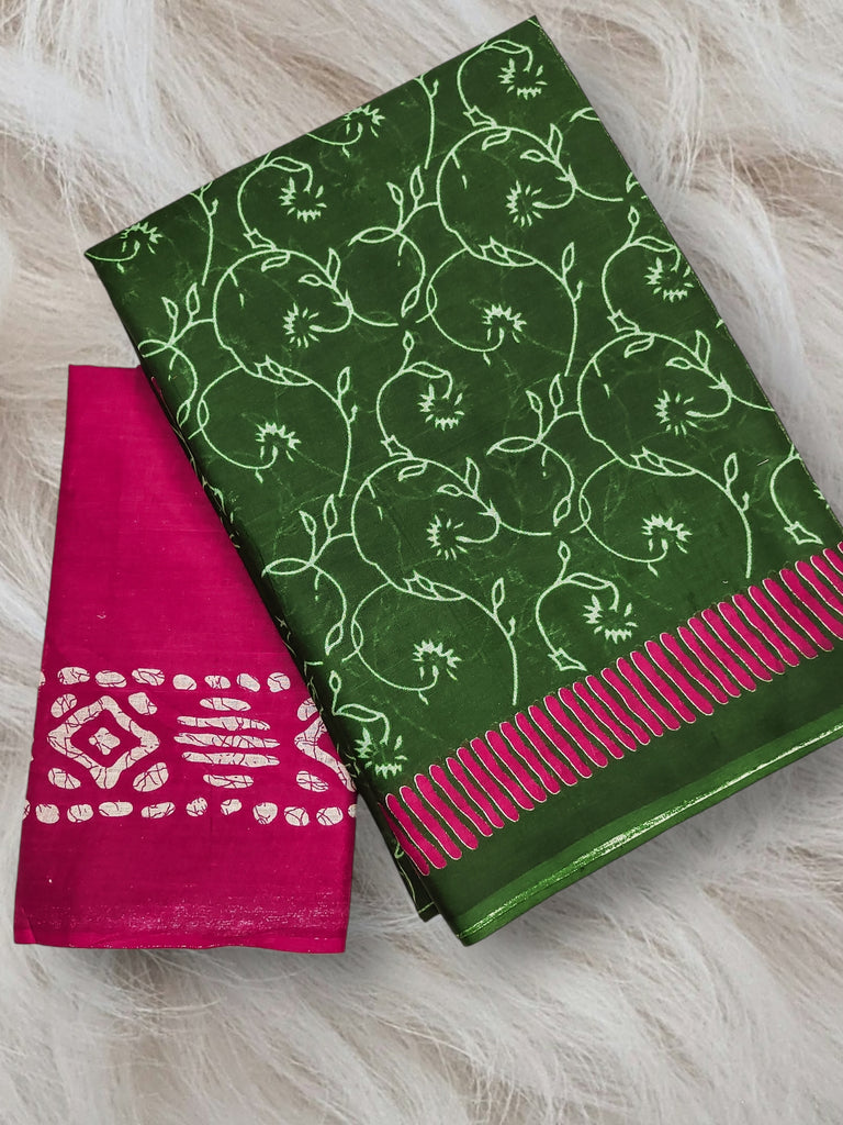 AJRAKH FANCY HAND BLOCK MULMUL COTTON GREEN SAREE
