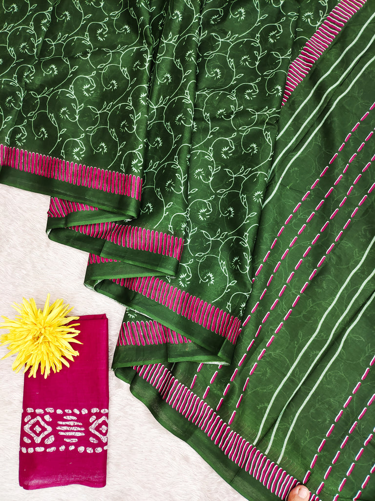 AJRAKH FANCY HAND BLOCK MULMUL COTTON GREEN SAREE