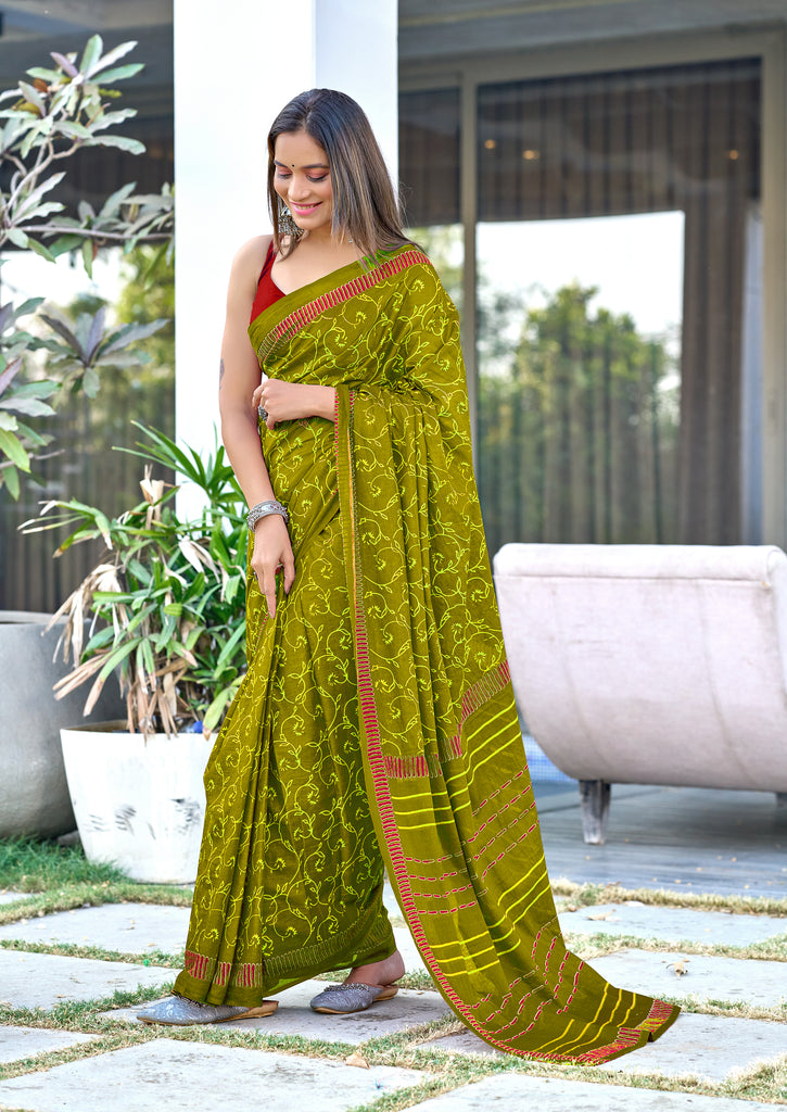 AJRAKH FANCY HAND BLOCK MULMUL COTTON MEHNDI GREEN SAREE