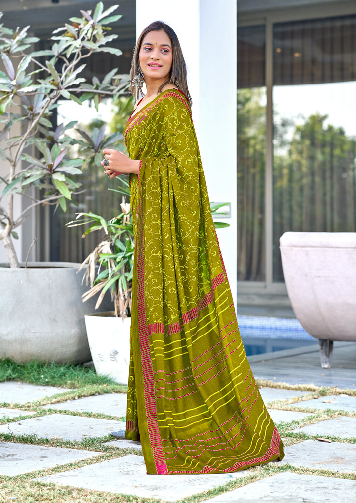 AJRAKH FANCY HAND BLOCK MULMUL COTTON MEHNDI GREEN SAREE