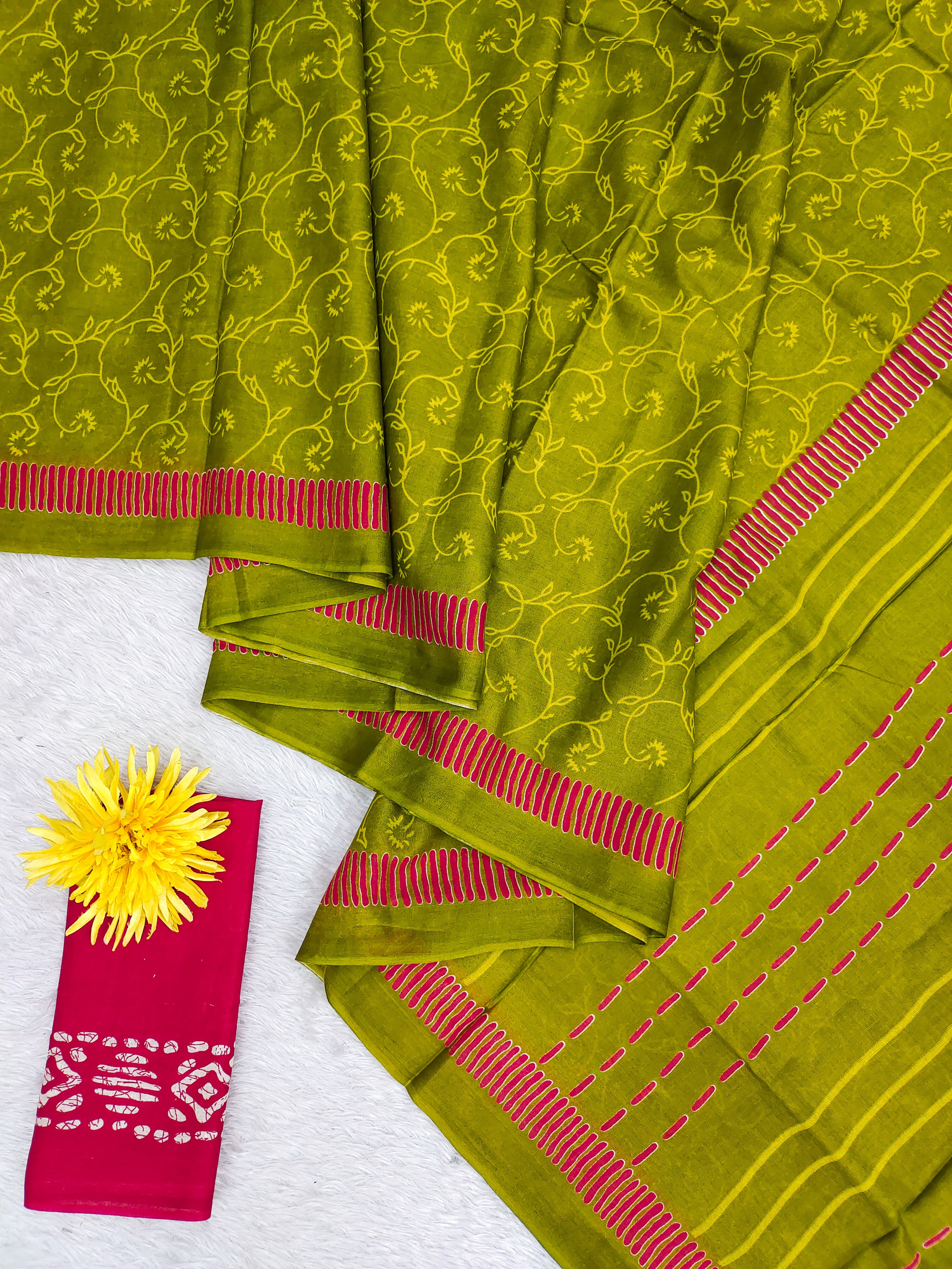 AJRAKH FANCY HAND BLOCK MULMUL COTTON MEHNDI GREEN SAREE