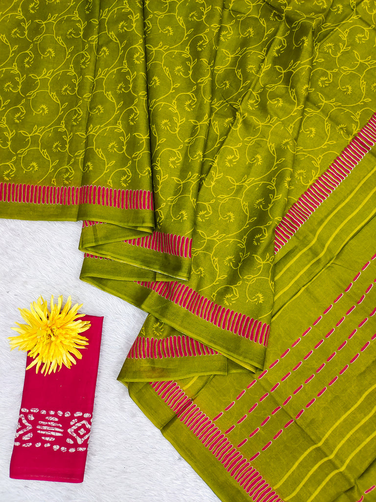 AJRAKH FANCY HAND BLOCK MULMUL COTTON MEHNDI GREEN SAREE