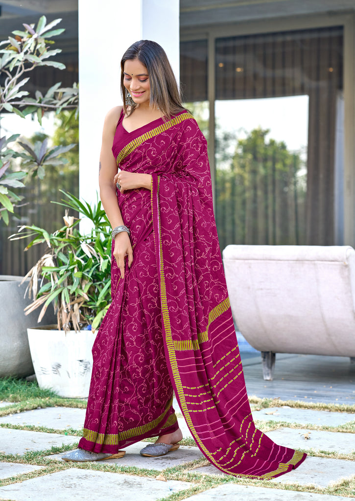 AJRAKH FANCY HAND BLOCK MULMUL COTTON MAROON SAREE