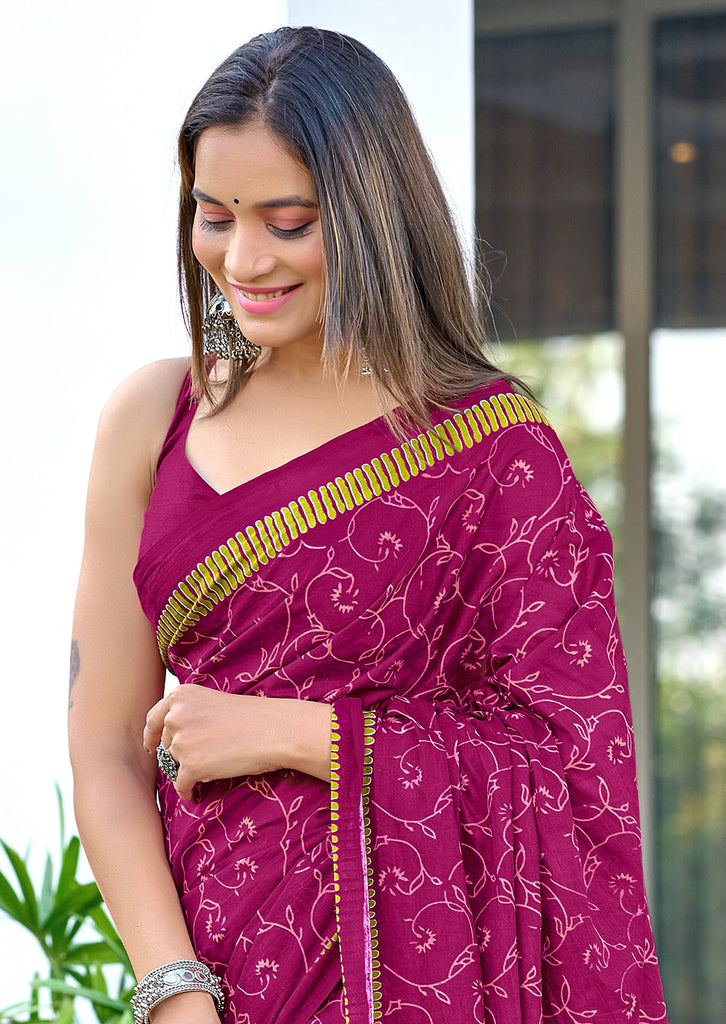 AJRAKH FANCY HAND BLOCK MULMUL COTTON MAROON SAREE
