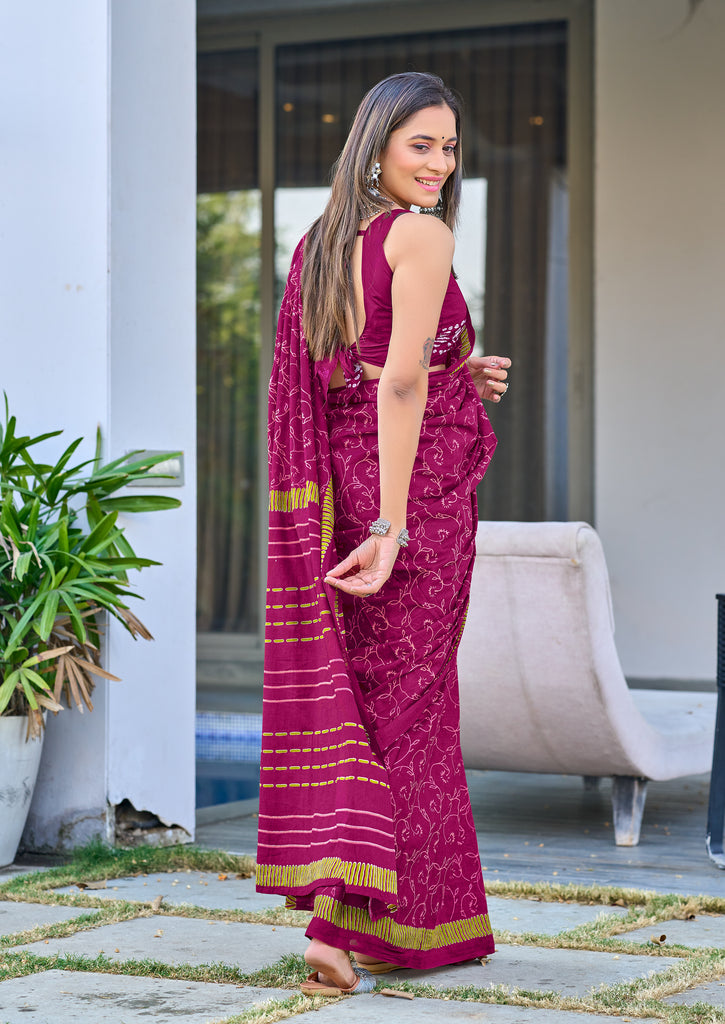 AJRAKH FANCY HAND BLOCK MULMUL COTTON MAROON SAREE