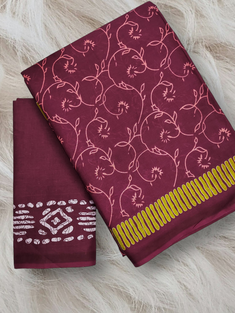 AJRAKH FANCY HAND BLOCK MULMUL COTTON MAROON SAREE