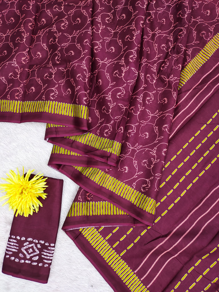 AJRAKH FANCY HAND BLOCK MULMUL COTTON MAROON SAREE
