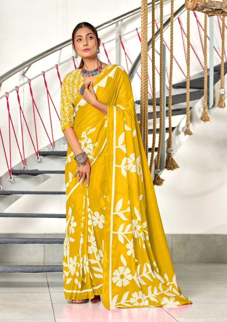 KESHARIYA PURE MULMUL COTTON FLORAL BLOCK PRINTED MUSTARD YELLOW SAREE