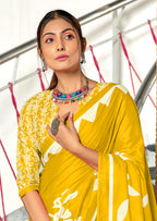KESHARIYA PURE MULMUL COTTON FLORAL BLOCK PRINTED MUSTARD YELLOW SAREE