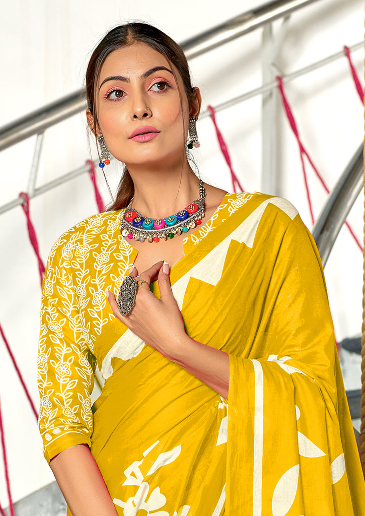 KESHARIYA PURE MULMUL COTTON FLORAL BLOCK PRINTED MUSTARD YELLOW SAREE