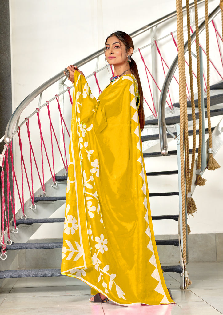 KESHARIYA PURE MULMUL COTTON FLORAL BLOCK PRINTED MUSTARD YELLOW SAREE