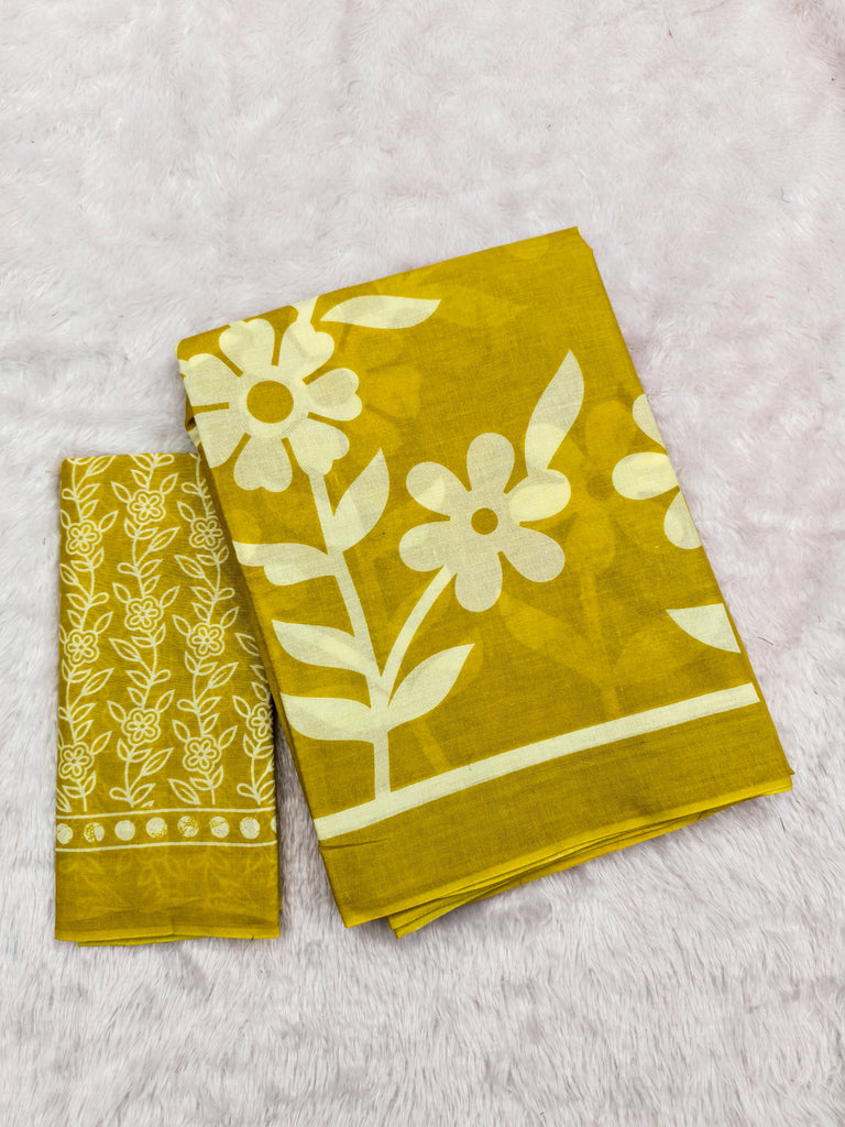 KESHARIYA PURE MULMUL COTTON FLORAL BLOCK PRINTED MUSTARD YELLOW SAREE