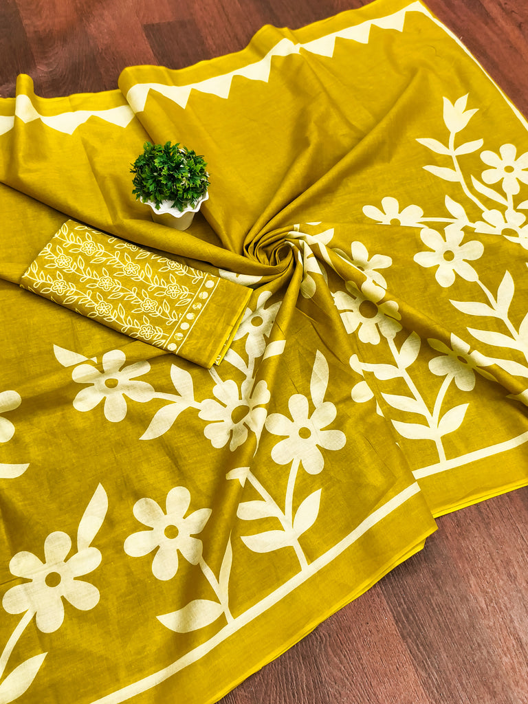 KESHARIYA PURE MULMUL COTTON FLORAL BLOCK PRINTED MUSTARD YELLOW SAREE