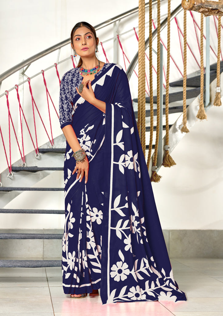 KESHARIYA PURE MULMUL COTTON FLORAL BLOCK PRINTED NAVY BLUE SAREE