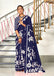 KESHARIYA PURE MULMUL COTTON FLORAL BLOCK PRINTED NAVY BLUE SAREE