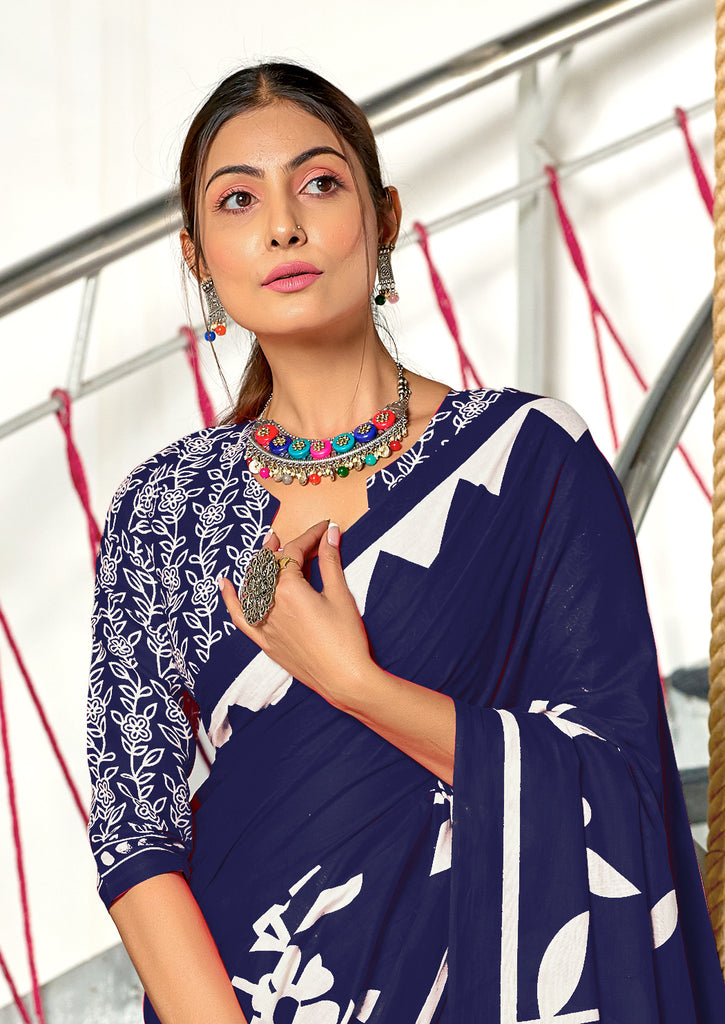 KESHARIYA PURE MULMUL COTTON FLORAL BLOCK PRINTED NAVY BLUE SAREE