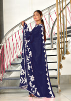 KESHARIYA PURE MULMUL COTTON FLORAL BLOCK PRINTED NAVY BLUE SAREE