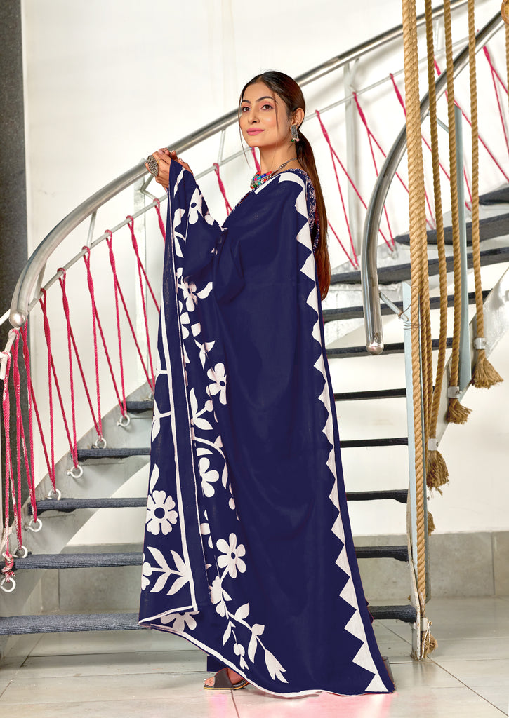 KESHARIYA PURE MULMUL COTTON FLORAL BLOCK PRINTED NAVY BLUE SAREE