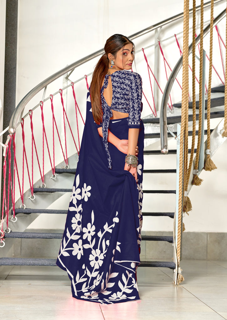 KESHARIYA PURE MULMUL COTTON FLORAL BLOCK PRINTED NAVY BLUE SAREE