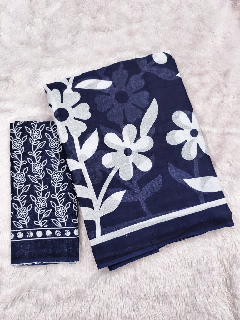 KESHARIYA PURE MULMUL COTTON FLORAL BLOCK PRINTED NAVY BLUE SAREE