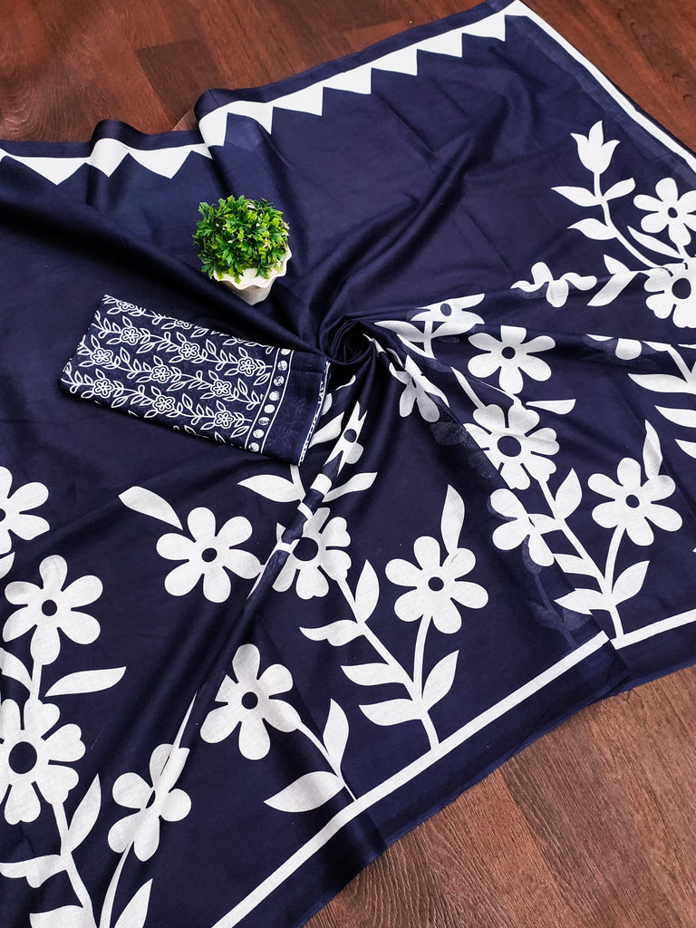 KESHARIYA PURE MULMUL COTTON FLORAL BLOCK PRINTED NAVY BLUE SAREE