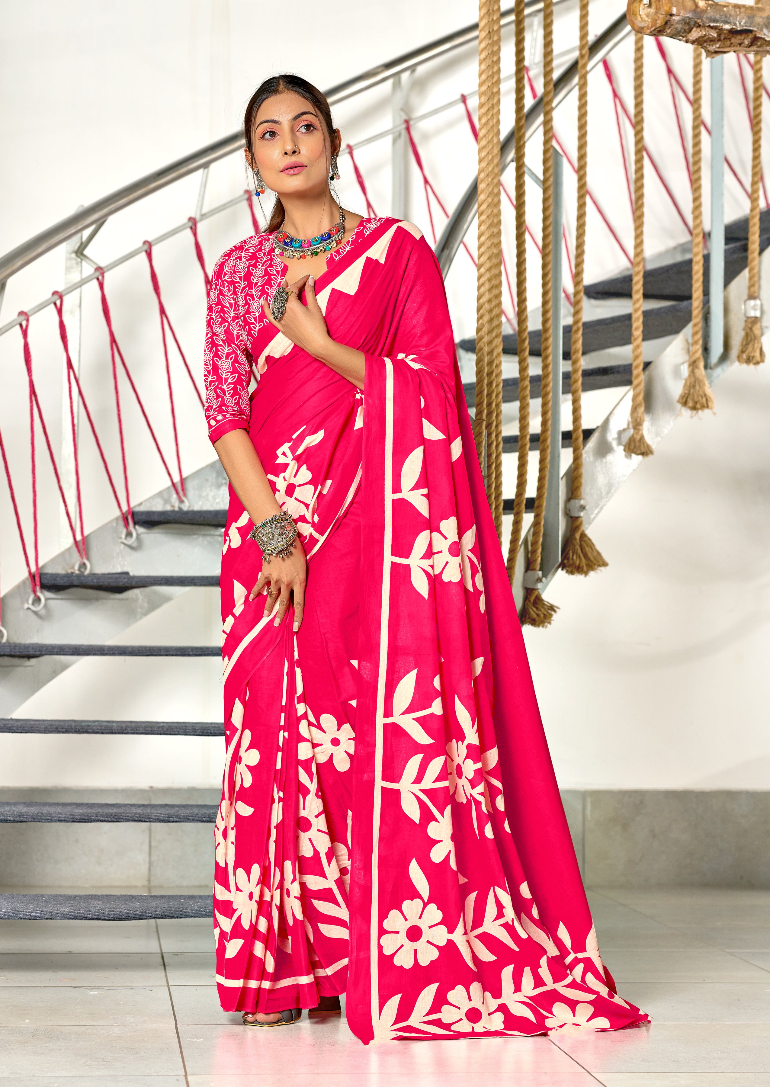 KESHARIYA PURE MULMUL COTTON FLORAL BLOCK PRINTED PINK SAREE