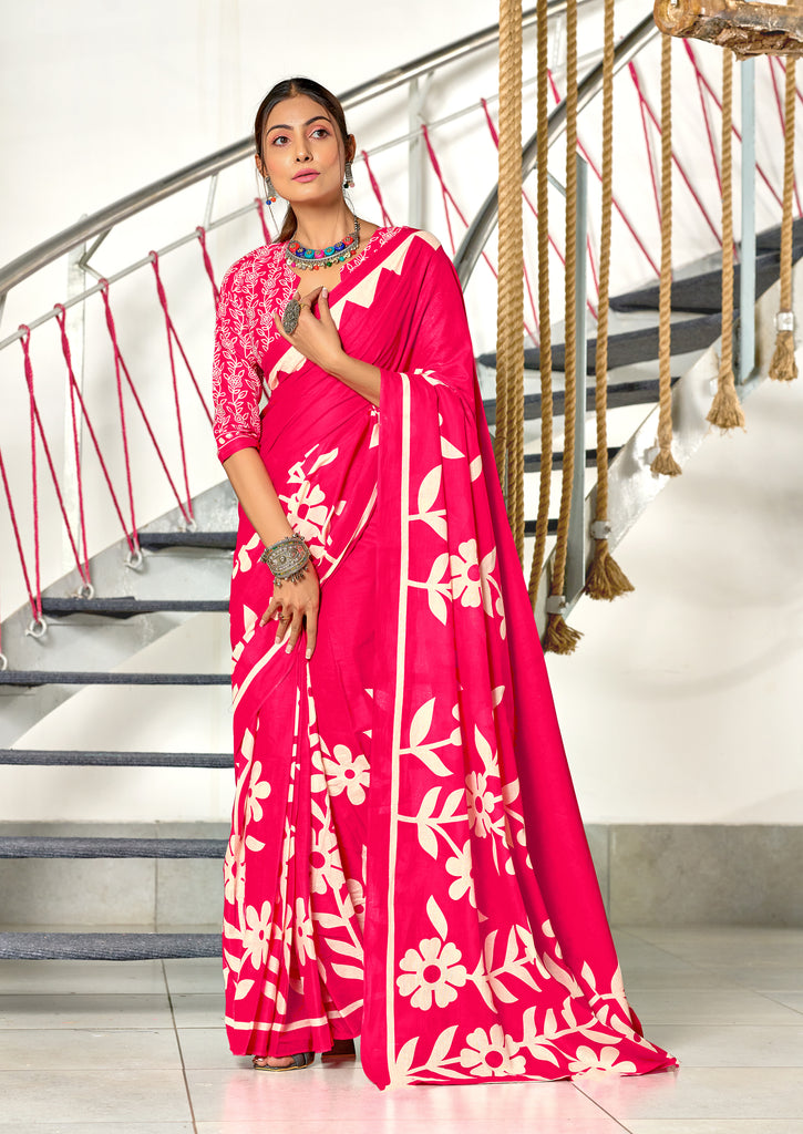 KESHARIYA PURE MULMUL COTTON FLORAL BLOCK PRINTED PINK SAREE