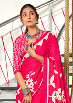 KESHARIYA PURE MULMUL COTTON FLORAL BLOCK PRINTED PINK SAREE