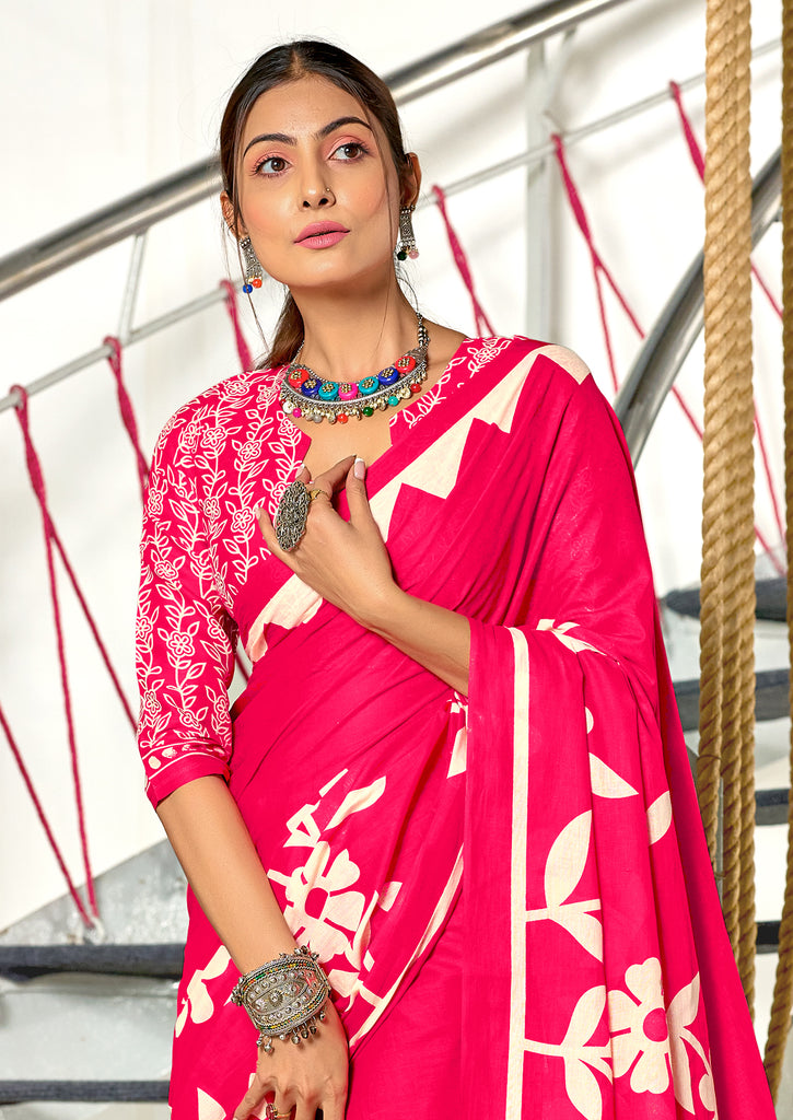 KESHARIYA PURE MULMUL COTTON FLORAL BLOCK PRINTED PINK SAREE