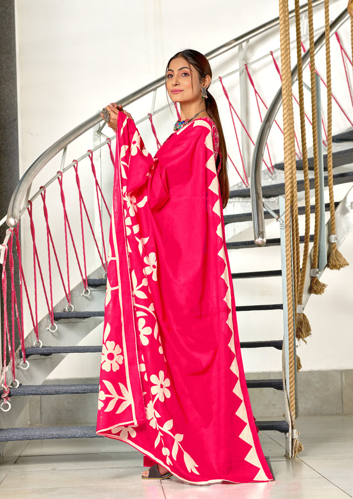 KESHARIYA PURE MULMUL COTTON FLORAL BLOCK PRINTED PINK SAREE