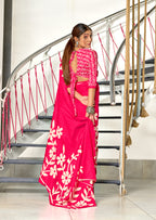 KESHARIYA PURE MULMUL COTTON FLORAL BLOCK PRINTED PINK SAREE