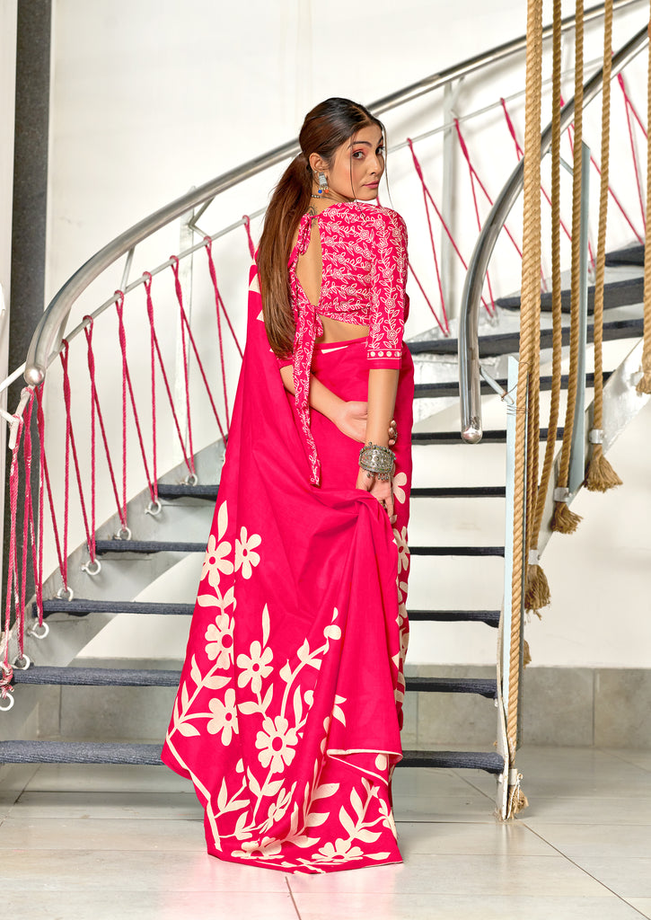 KESHARIYA PURE MULMUL COTTON FLORAL BLOCK PRINTED PINK SAREE