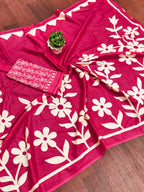 KESHARIYA PURE MULMUL COTTON FLORAL BLOCK PRINTED PINK SAREE