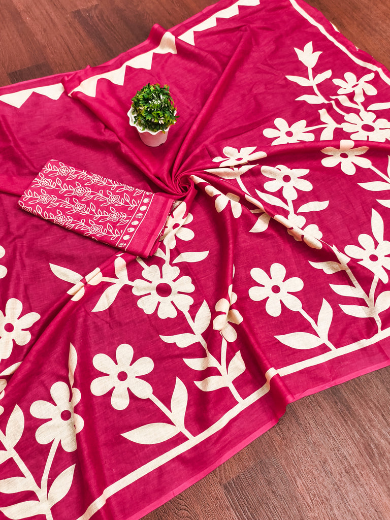 KESHARIYA PURE MULMUL COTTON FLORAL BLOCK PRINTED PINK SAREE