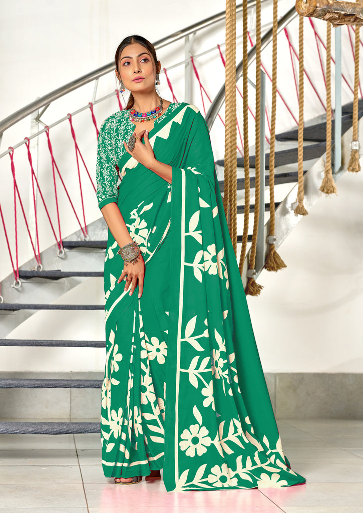 KESHARIYA PURE MULMUL COTTON FLORAL BLOCK PRINTED TURQUOISE GREEN SAREE