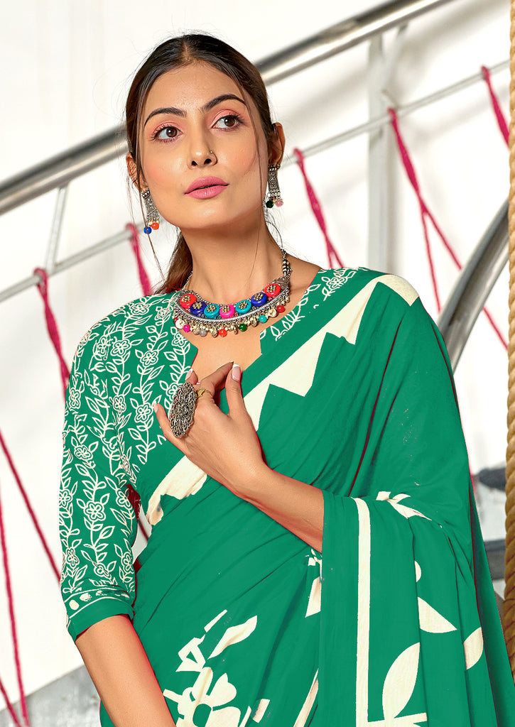 KESHARIYA PURE MULMUL COTTON FLORAL BLOCK PRINTED TURQUOISE GREEN SAREE