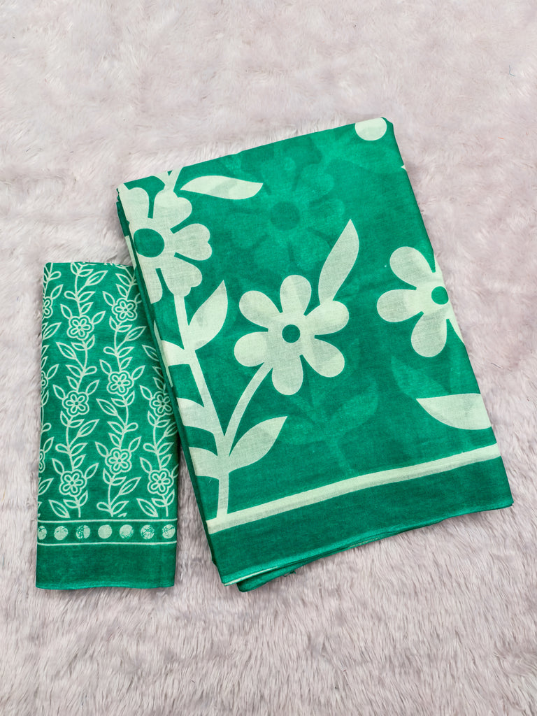 KESHARIYA PURE MULMUL COTTON FLORAL BLOCK PRINTED TURQUOISE GREEN SAREE