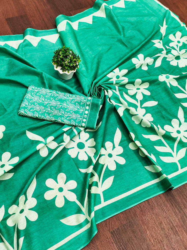 KESHARIYA PURE MULMUL COTTON FLORAL BLOCK PRINTED TURQUOISE GREEN SAREE
