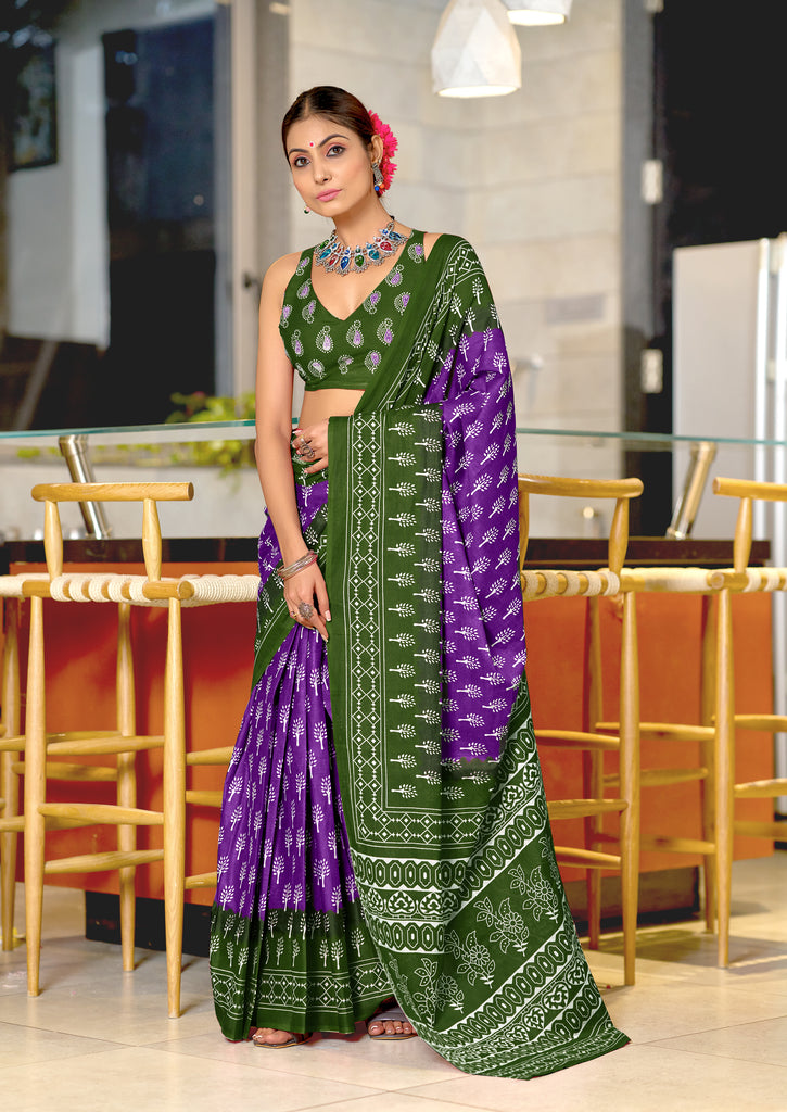 KIMORA TREE MOTIFS BAGRU BLOCK PRINT MULMUL COTTON PURPLE SAREE