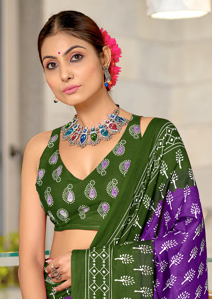 KIMORA TREE MOTIFS BAGRU BLOCK PRINT MULMUL COTTON PURPLE SAREE