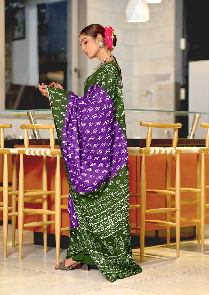 KIMORA TREE MOTIFS BAGRU BLOCK PRINT MULMUL COTTON PURPLE SAREE