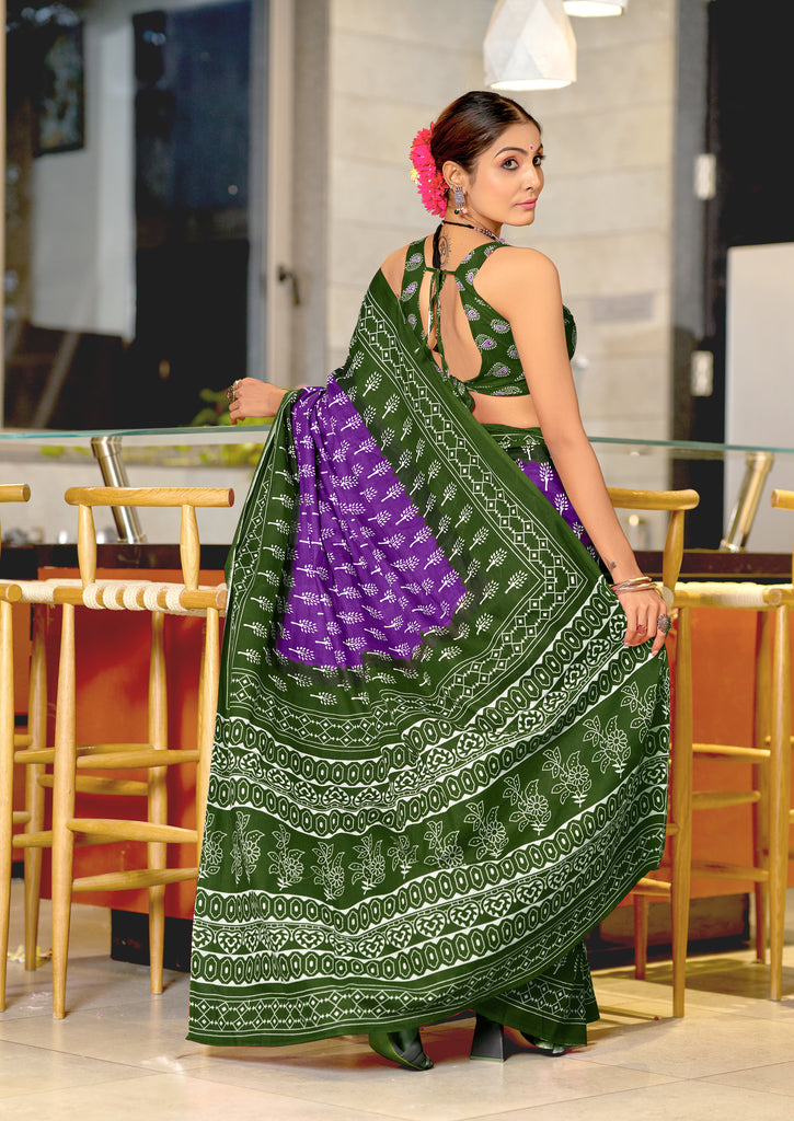 KIMORA TREE MOTIFS BAGRU BLOCK PRINT MULMUL COTTON PURPLE SAREE
