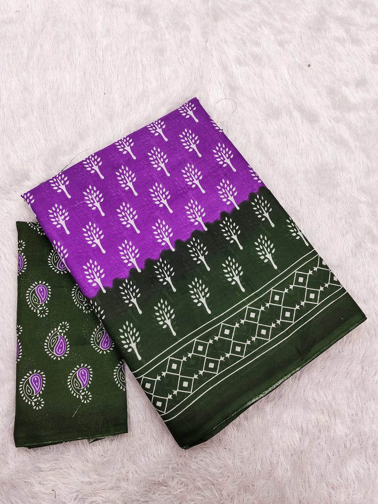 KIMORA TREE MOTIFS BAGRU BLOCK PRINT MULMUL COTTON PURPLE SAREE