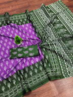 KIMORA TREE MOTIFS BAGRU BLOCK PRINT MULMUL COTTON PURPLE SAREE