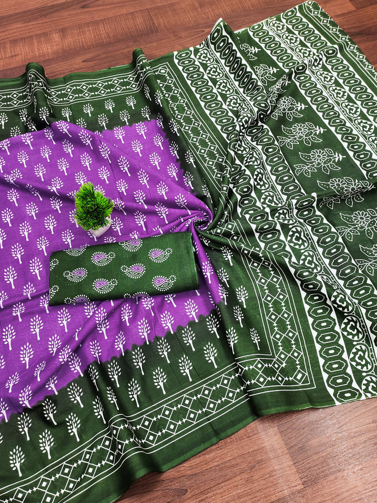 KIMORA TREE MOTIFS BAGRU BLOCK PRINT MULMUL COTTON PURPLE SAREE
