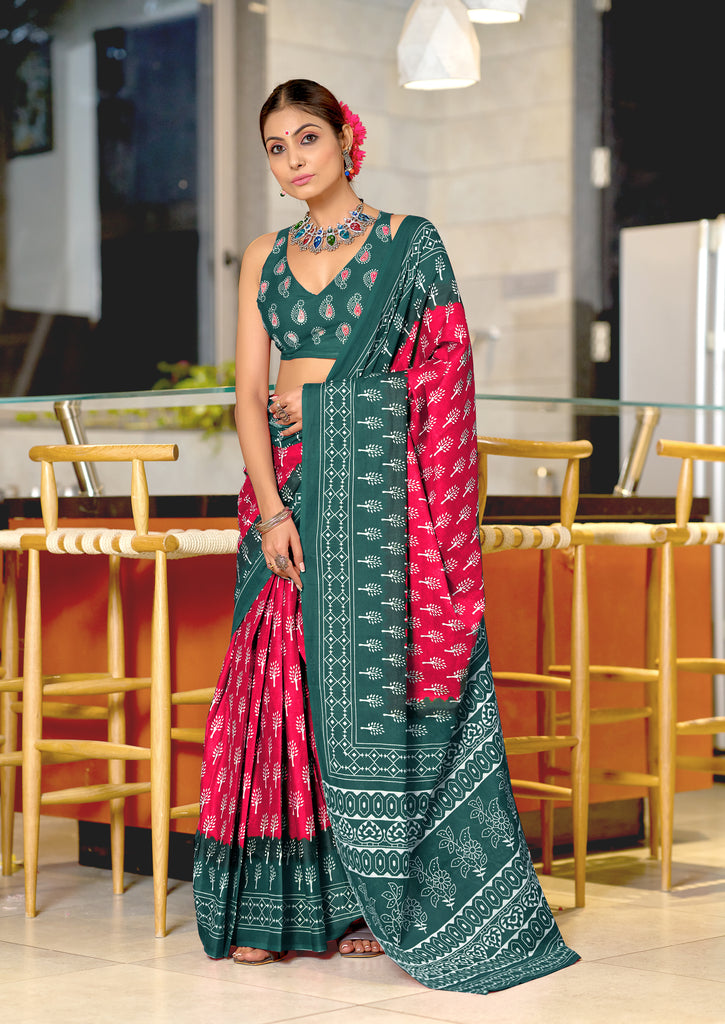 KIMORA TREE MOTIFS BAGRU BLOCK PRINT MULMUL COTTON RANI PINK SAREE
