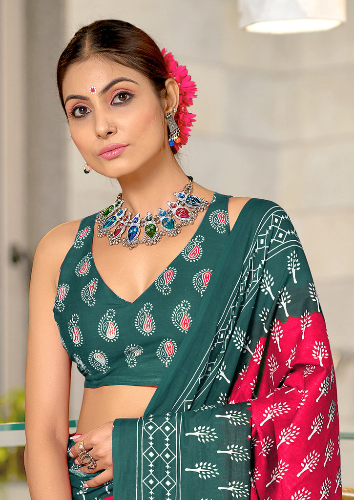 KIMORA TREE MOTIFS BAGRU BLOCK PRINT MULMUL COTTON RANI PINK SAREE