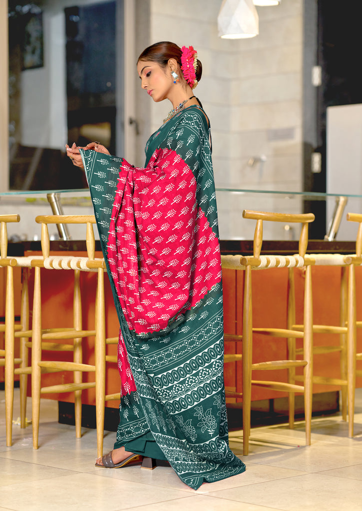 KIMORA TREE MOTIFS BAGRU BLOCK PRINT MULMUL COTTON RANI PINK SAREE