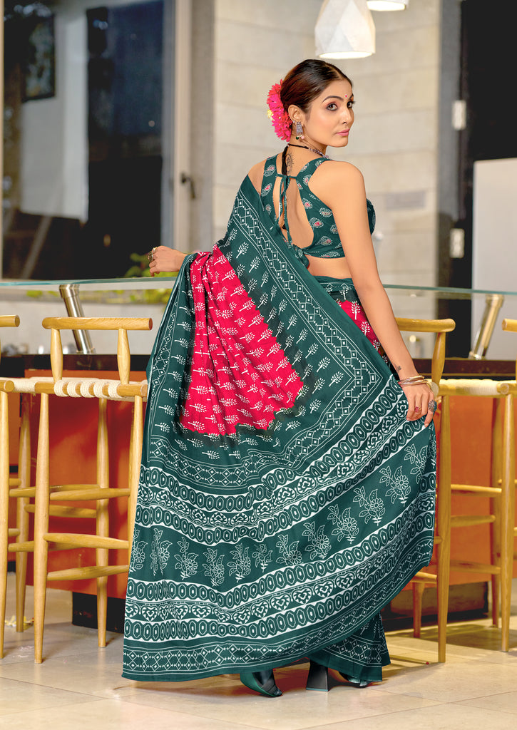 KIMORA TREE MOTIFS BAGRU BLOCK PRINT MULMUL COTTON RANI PINK SAREE